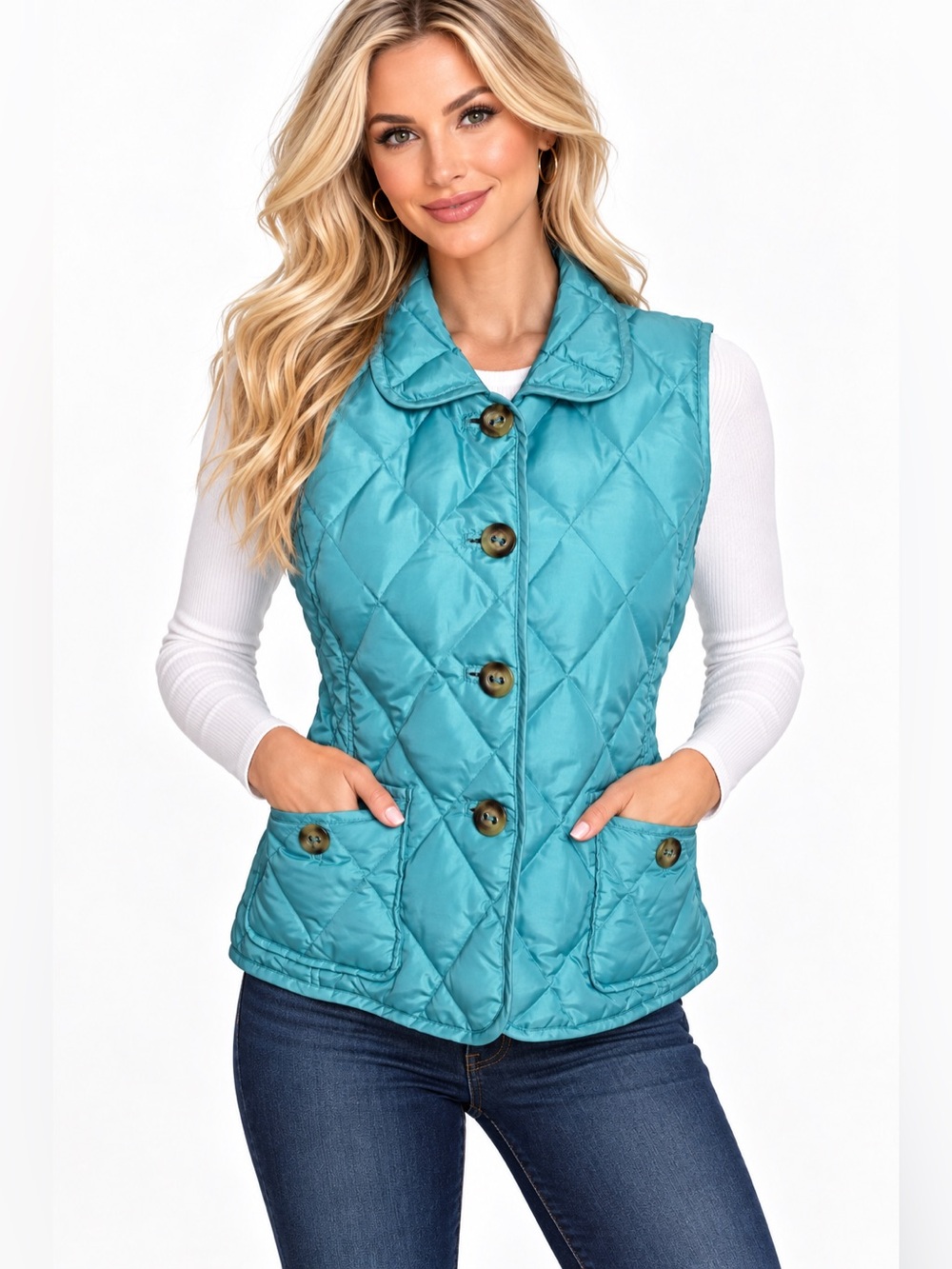 Talbots Women’s XS Petite Teal Quilted Button Front Vest Pockets